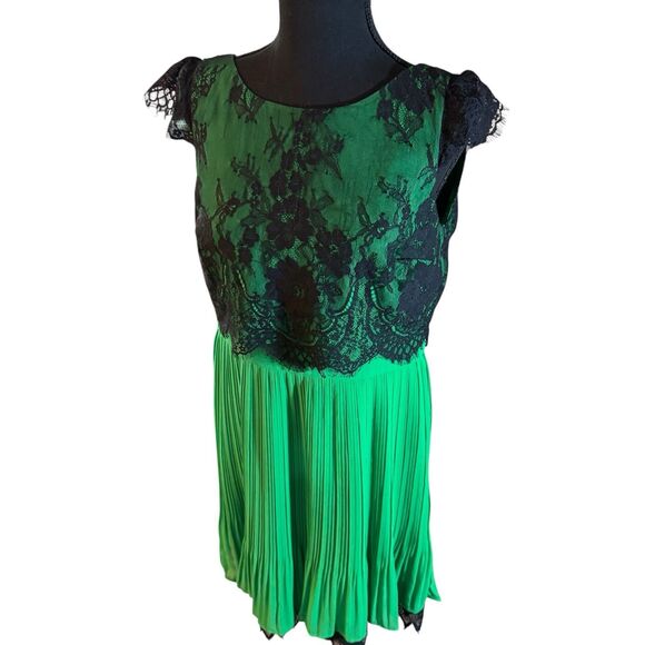 REVIEW Dress Size 10 Lace Overlay Pleated Formal Dress Tea Length Green Black - Picture 4 of 14